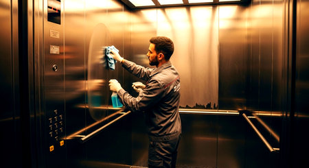 man in uniform cleans the elevator interior with a spray bottle and cloth, ensuring hygiene and cleanlinessの素材