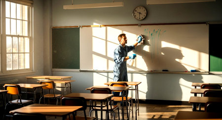 man cleaning a whiteboard in an empty classroom with desks chairs and a window visible in the backgroundの素材
