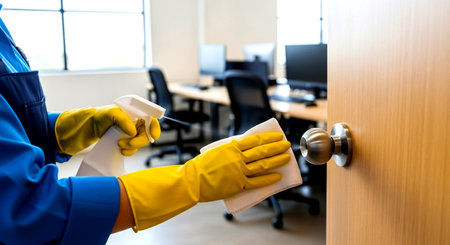 a person in yellow gloves is cleaning a door handle with a spray bottle and a white cloth in an officeの素材