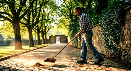 a man sweeps a cobblestone street lined with trees and a stone wall on a bright and sunny day outsideの素材