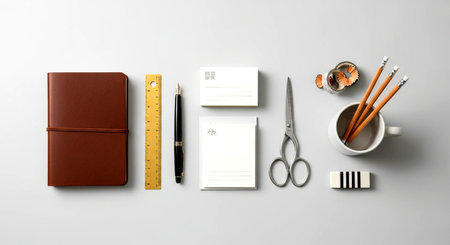 a flat lay of stationery items including a notebook, pen, ruler, scissors, pencils and business cardsの素材