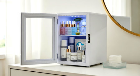 a mini skincare fridge with beauty products, serums and cosmetics to keep them fresh and well organizedの素材