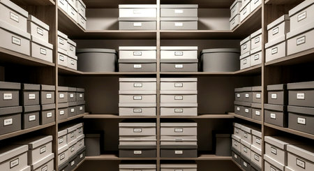 neatly arranged storage boxes on shelves, ideal for home organization and efficient space management solutions.の素材