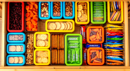 a well organized snack drawer with a variety of healthy snacks in colorful containers for easy access.の素材