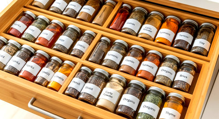 a well organized spice drawer with labeled jars containing various cooking and seasoning ingredientsの素材