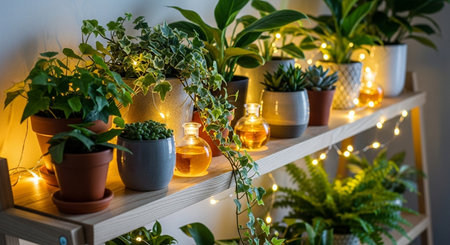 a cozy indoor plant display on a wooden shelf with fairy lights creates a warm and inviting atmosphereの素材