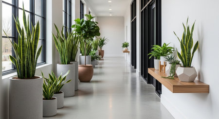 a bright and modern hallway decorated with various potted plants, creating a fresh and inviting atmosphere.の素材