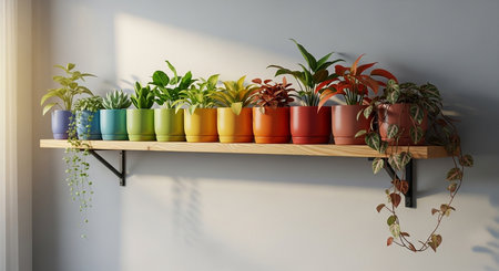 a colorful array of plants in pots on a wooden shelf creating a vibrant and stylish home decoration.の素材