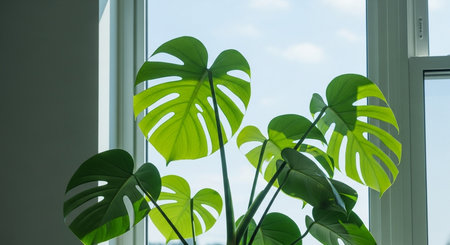 a vibrant monstera deliciosa plant sits near a window, its leaves bathed in sunlight, adding life to the roomの素材