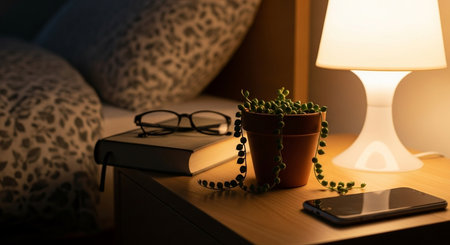 a cozy bedroom nightstand with a lamp, book, glasses, plant, and phone creating a relaxing atmosphereの素材