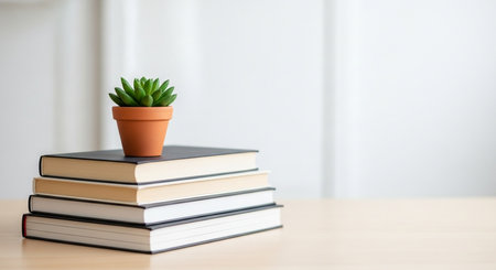 a stack of books with a succulent on top. perfect for study, reading, or home decor. education conceptの素材