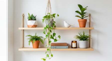 a bright indoor setting with plants on shelves, books and a candle, creating a cozy and inviting atmosphereの素材