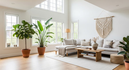 a bright and airy living room with plants, a couch, and a macrame wall hanging for a cozy home interiorの素材