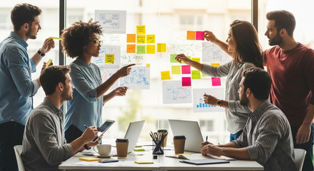 Multiethnic startup business team on meeting in modern bright office interior brainstorming, working on laptop and tablet computerの素材