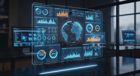 Futuristic virtual graphic touch user interface showing global business analytics and statisticsの素材