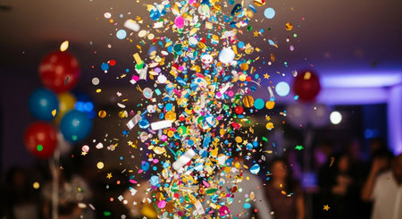 Colorful confetti in the air at a birthday party. Blurred backgroundの素材