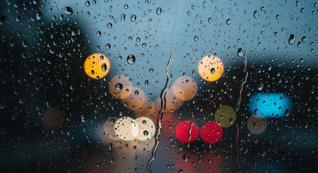 Rain drops on car window with light bokeh abstract background.の素材