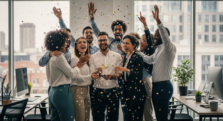 Group of multiethnic business people celebrating success with confetti in modern office.の素材