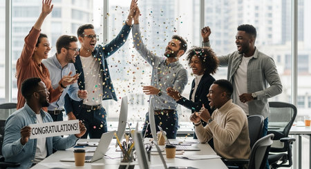 Group of multiethnic business people celebrating success with confetti at officeの素材