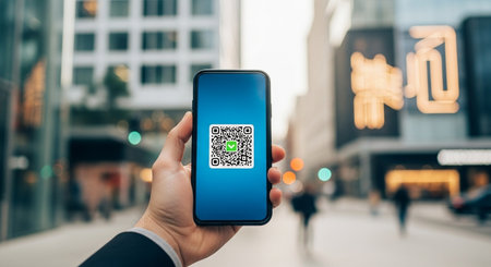 Smartphone with QR code on the screen in the hands of a man.の素材