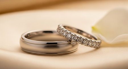 Wedding rings on a beige satin background closeupの素材