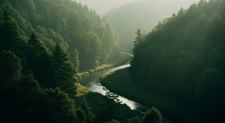 Beautiful view of the mountain river in the morning fog. Beautiful summer landscape.の素材