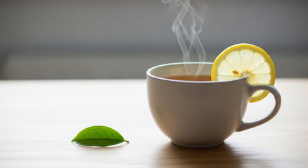 Cup of tea with lemon and green leaf on wooden table.の素材