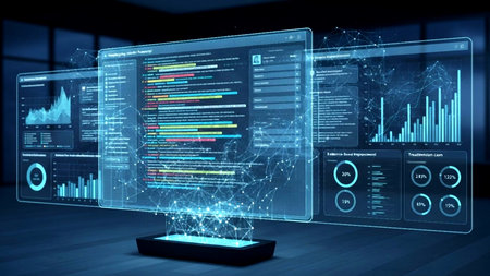 Futuristic user interface with infographics on screen 3D renderingの素材