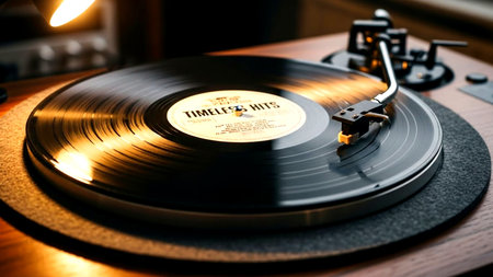 Turntable playing vinyl record close up. Retro audio equipment.の素材