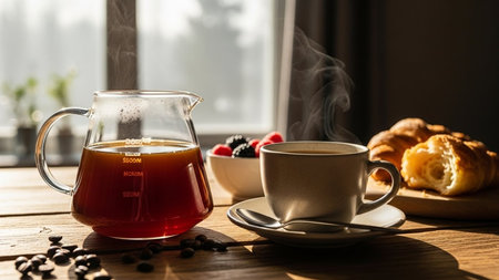 Cozy morning breakfast scene with steaming coffee, croissants, and fresh berriesの素材