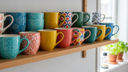 A vibrant collection of colorful ceramic mugs displayed on a wooden shelfの素材