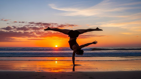 Athletic woman performing a challenging handstand pose on the beach at sunsetの素材