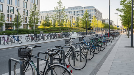 Numerous Bicycles Parked in Racks Along a Modern City Street with Buildingsの素材