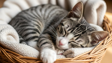 A charming tabby kitten is seen napping comfortably in a woven basket lined with soft, plush blankets. The kitten's relaxed posture and gentle expression evoke a sense of tranquility and warmth.の素材