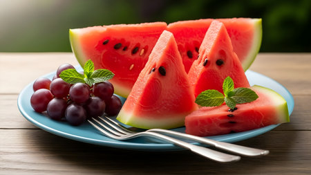 A vibrant display of fresh watermelon slices and grapes on a blue plate, garnished with mint leaves, ready to be enjoyed on a sunny day.の素材