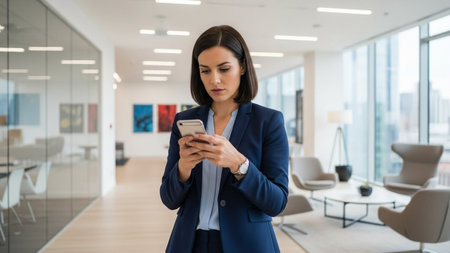 A professional woman in a business suit is deeply focused on her smartphone in a modern office setting.の素材