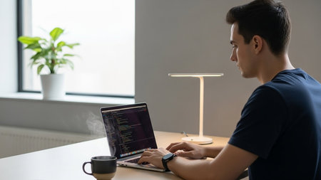 A young man is deeply engrossed in coding on his laptop, with a cup of coffee nearby and a plant in the background.の素材