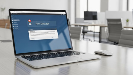 A sleek laptop on a desk in an office setting, showing a new message notification on the screen.の素材