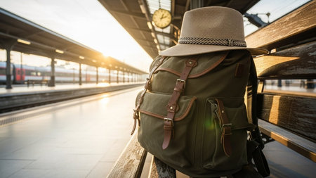 A green backpack with a brown hat resting on it, placed on a train platform bench. The scene is bathed in warm sunlight, suggesting a journey about to begin.の素材