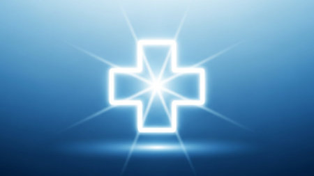 A luminous cross symbol emanating radiant beams of light against a gradient blue background, creating a sense of divine presence and spiritual energy.の素材