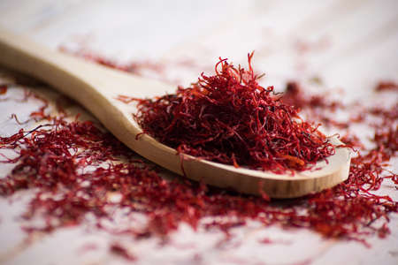close-up of Kitchen spatula full of red Saffron.の写真素材