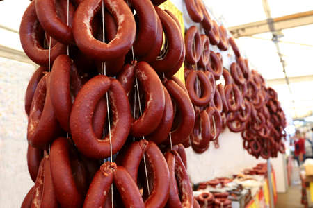 Turkish style sausage strung on a rope in the market