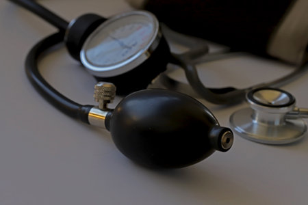 Sphygmomanometer measuring instrument on white background; Stethoscope