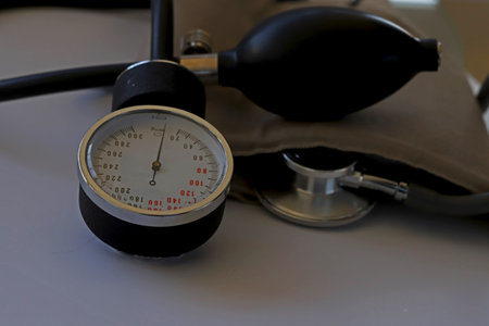 Sphygmomanometer measuring instrument on white background; Stethoscopeの写真素材