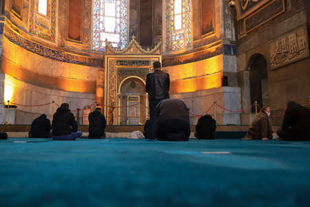 Istanbul - Turkey February 25, 2021 Muslims worshiping in Hagia Sophia mosque.のeditorial素材