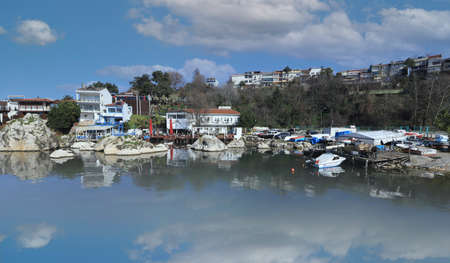 (Istanbul - Turkey - February 23, 2021) Sile Town, reflections in the sea in a cloudy sky.のeditorial素材