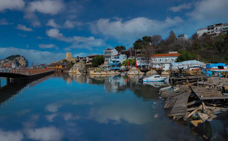 (Istanbul - Turkey - February 23, 2021) Sile Town, reflections in the sea in a cloudy sky.のeditorial素材