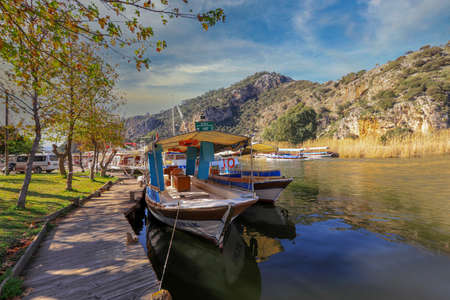 (Dalyan - Mugla - Turkey 05 February .2021) Cruise boats on the river between KÃ¶ycagiz Lake and Iztuzu beach in Dalyan.のeditorial素材