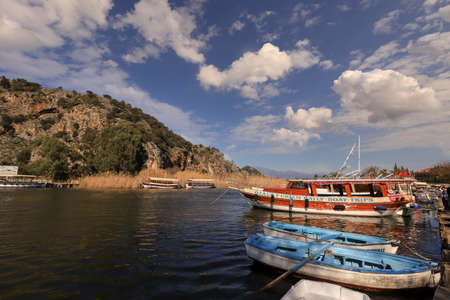 (Dalyan - Mugla - Turkey 05 February .2021) Cruise boats on the river between KÃ¶ycagiz Lake and Iztuzu beach in Dalyan.のeditorial素材
