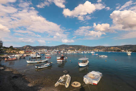 (Eskifoca - Izmir 08. March. 2021) Small boats in the sea at Eskifoca bay.のeditorial素材